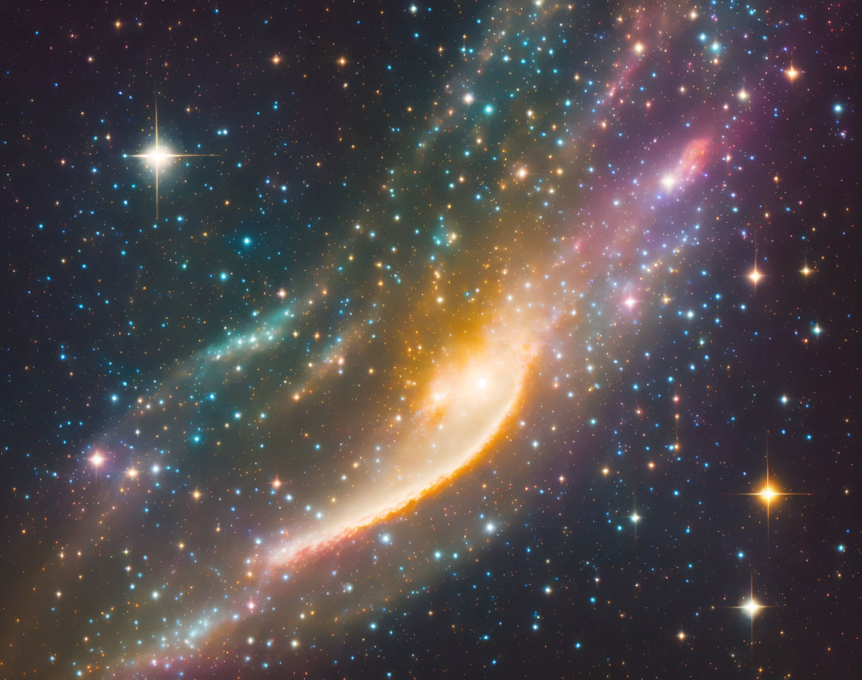 Spiral galaxy with golden hues against starry backdrop