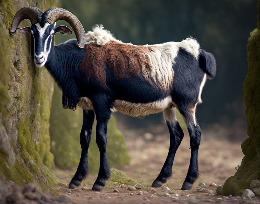 Colorful Goat with Long Horns in Forest Setting