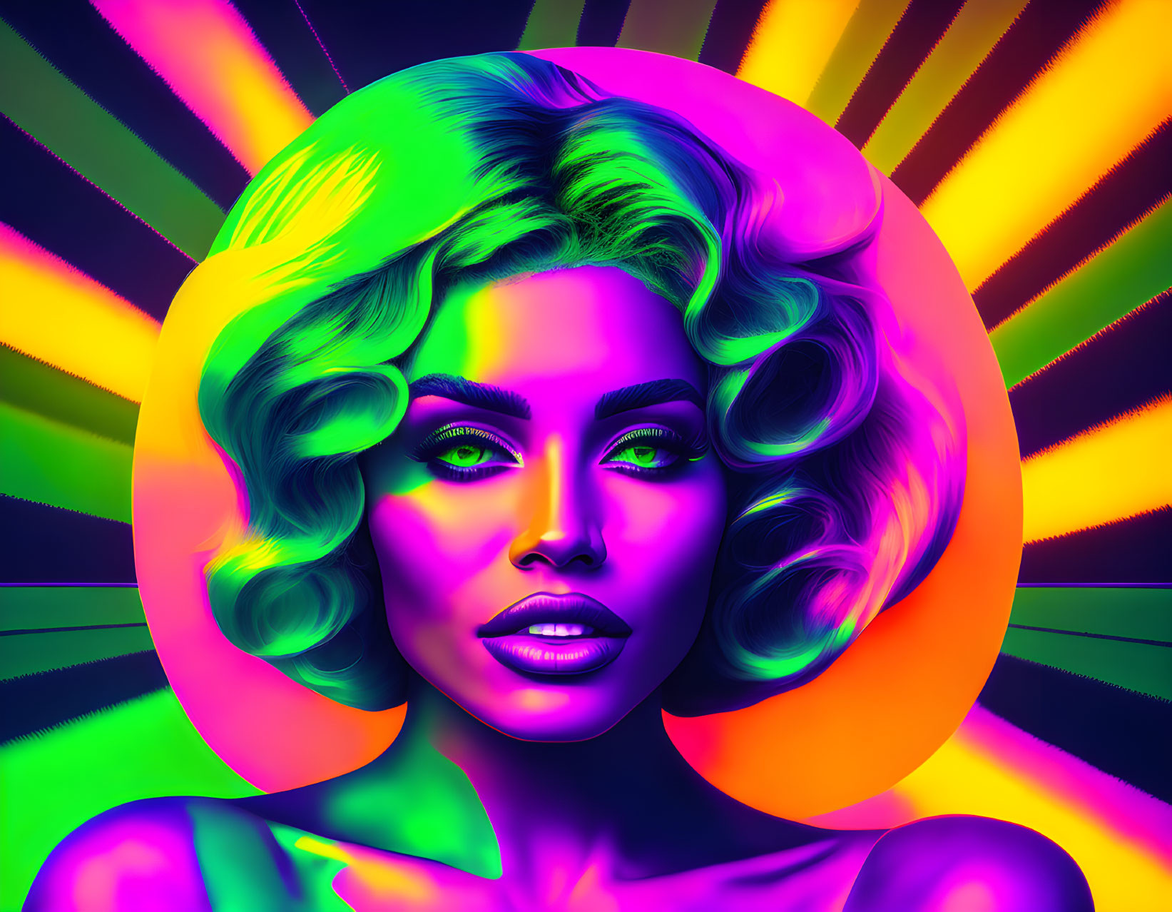 Colorful digital portrait of woman with voluminous hair on neon background