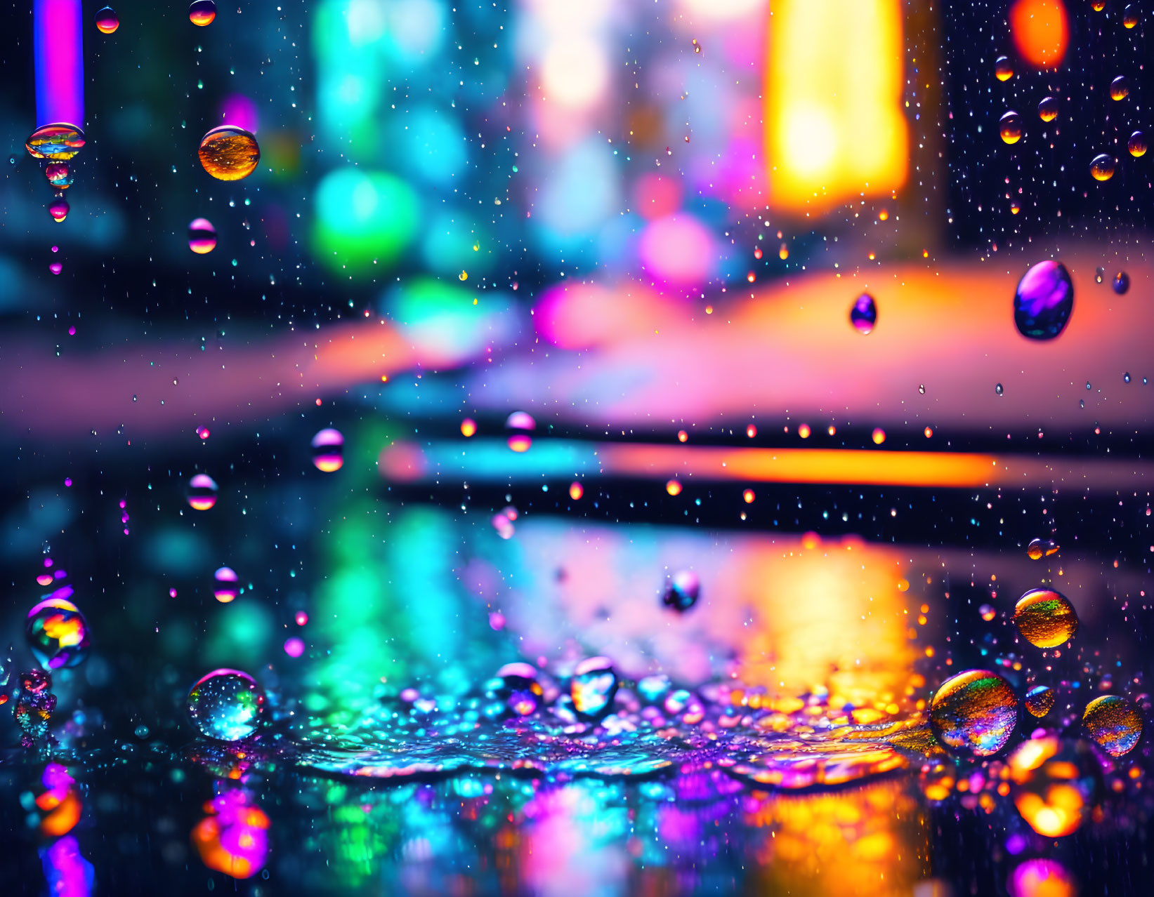 Colorful Raindrops Suspended with Bokeh Background