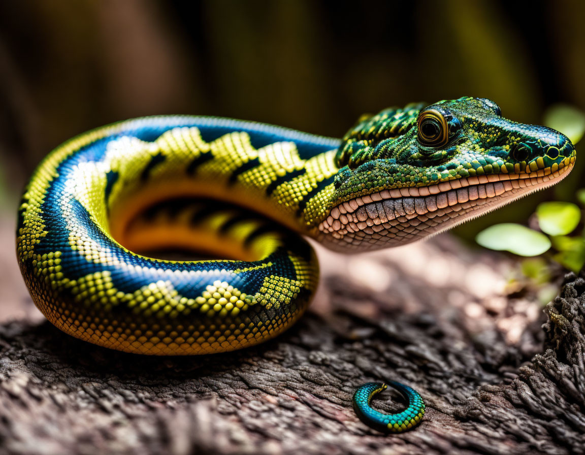 Colorful Snake Coiled on Tree Trunk with Yellow and Blue Scales