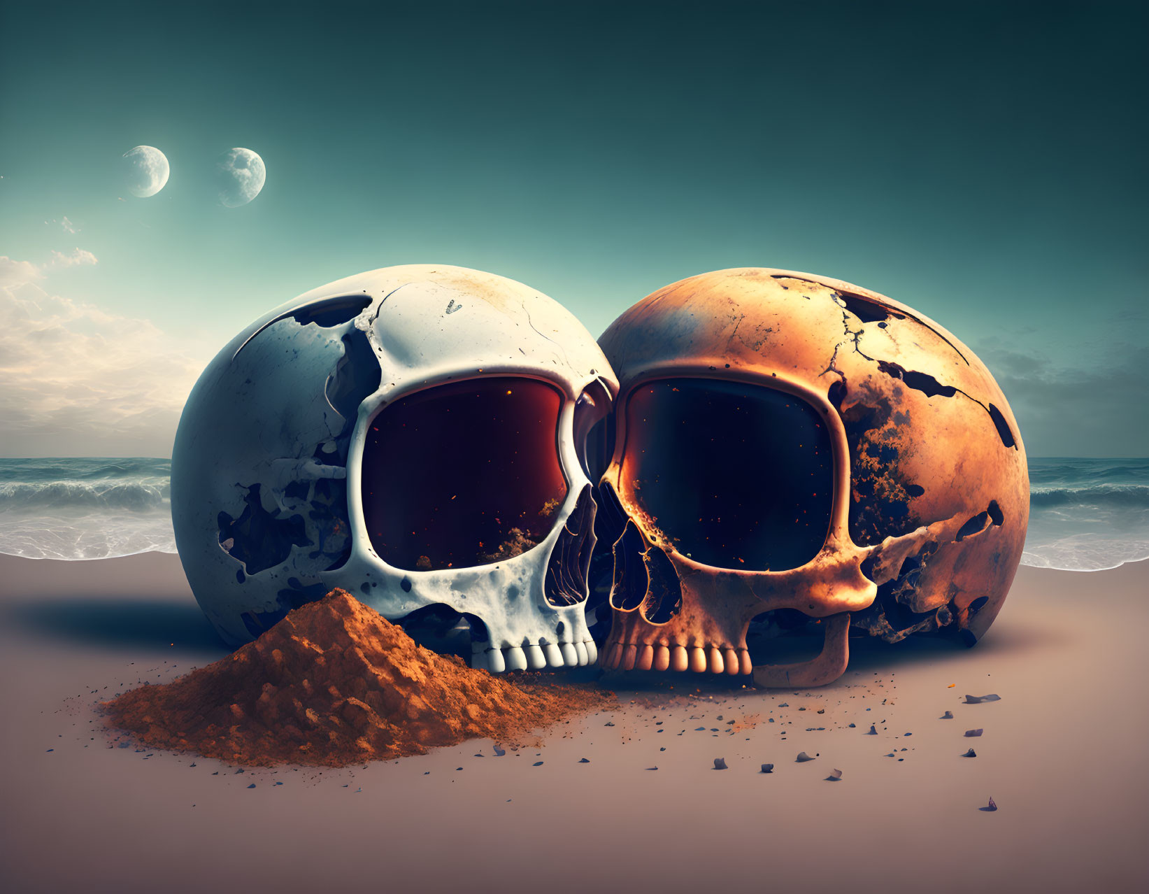 Human skulls on sandy beach with waves and crescent moon