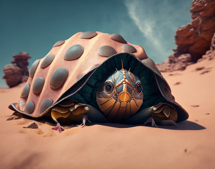 Stylized turtle with textured shell in sandy landscape