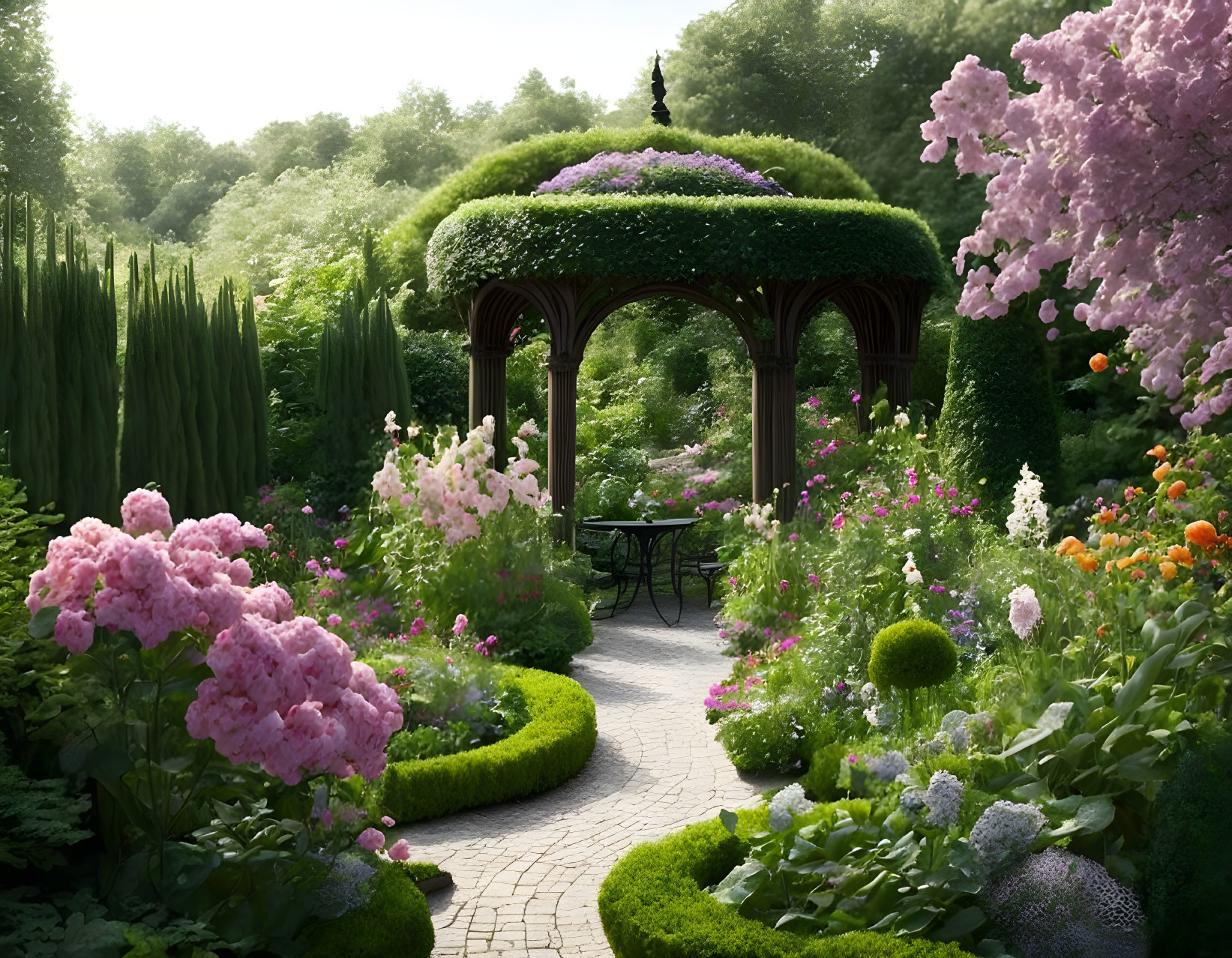 Tranquil garden path with blooming pink hydrangeas and a gazebo