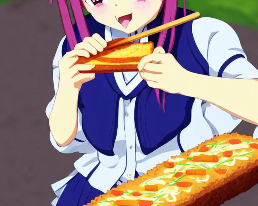 Animated girl with purple hair eating oversized toast with chopsticks