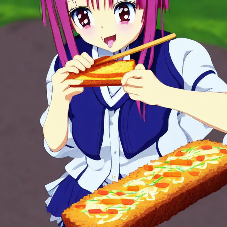 Animated girl with purple hair eating oversized toast with chopsticks