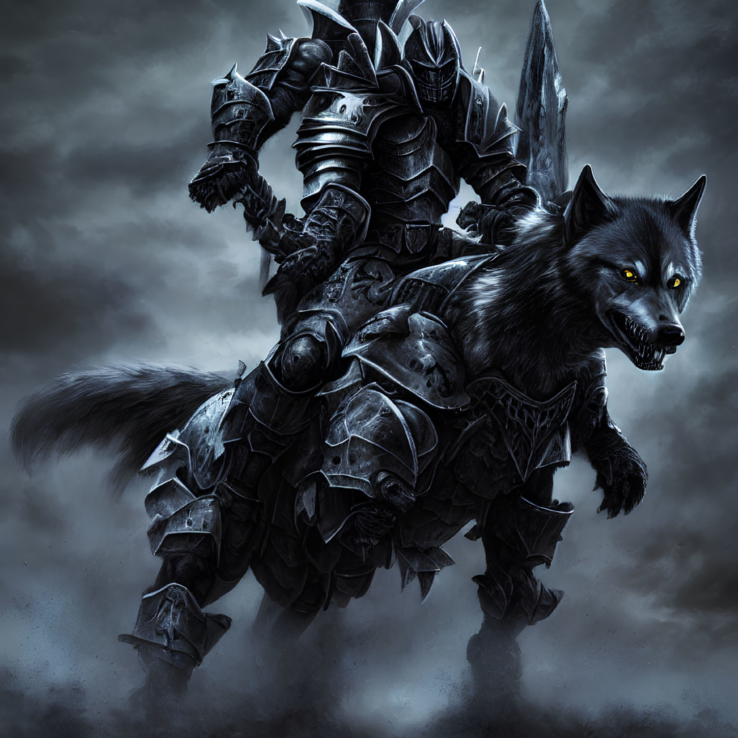 Armored knight riding giant wolf in dark, cloudy scene