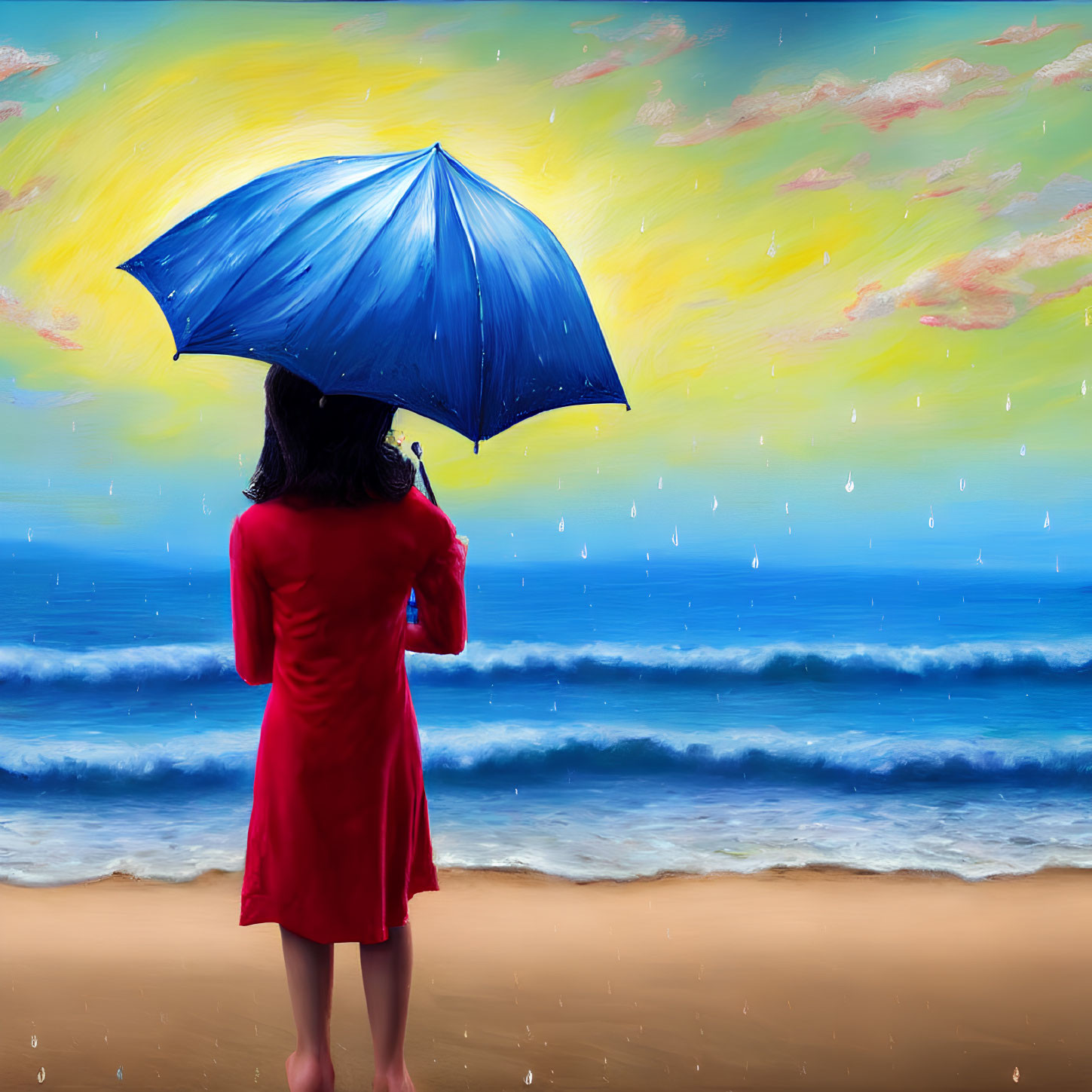 Woman in Red Dress with Blue Umbrella on Beach Under Colorful Sky