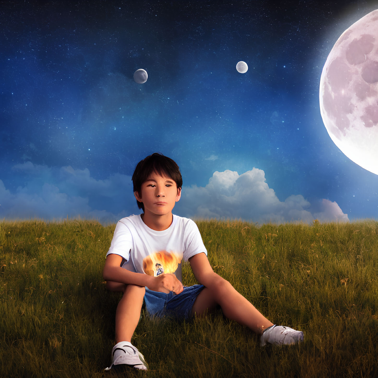 Boy sitting on grass under three moons in starry sky.