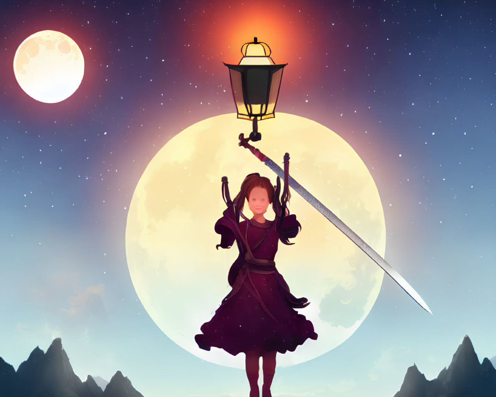 Young girl with sword and lantern under full moon and sunset sky