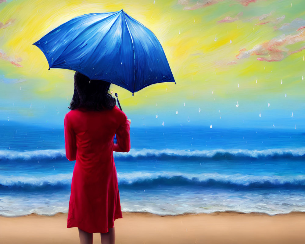 Woman in Red Dress with Blue Umbrella on Beach Under Colorful Sky