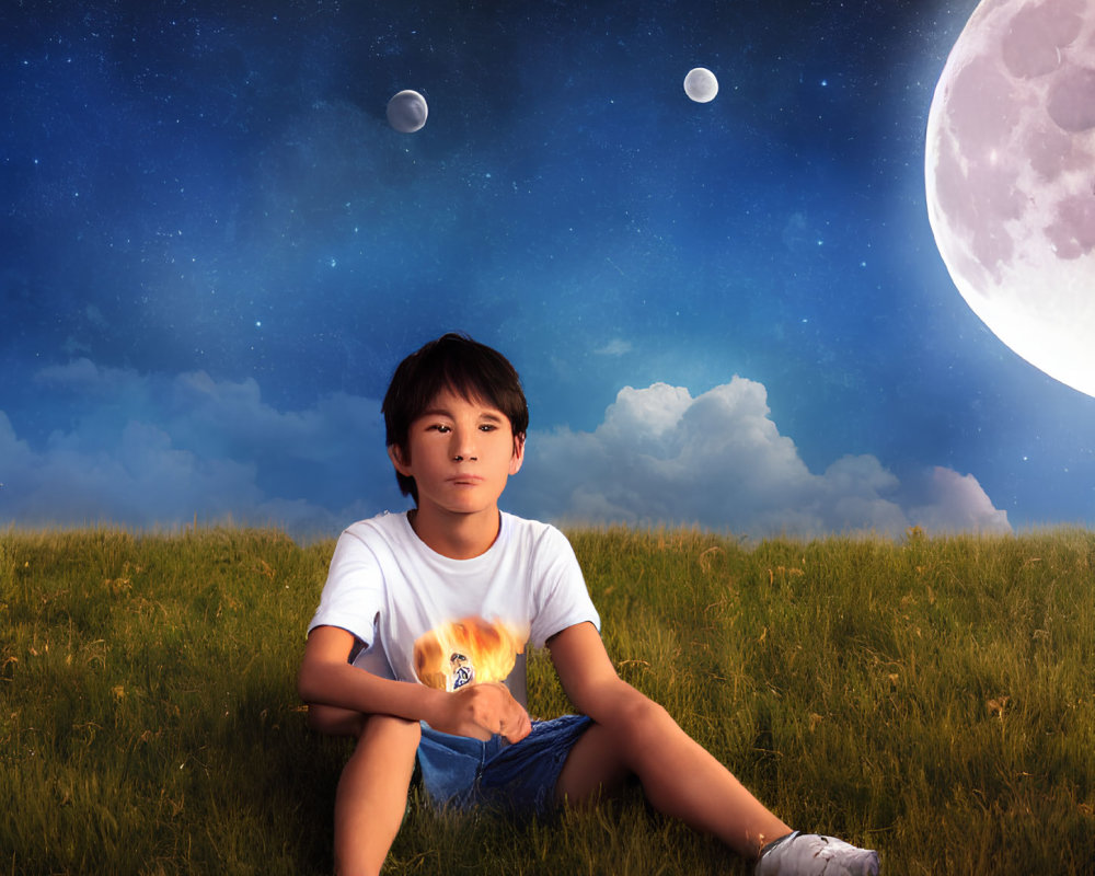 Boy sitting on grass under three moons in starry sky.