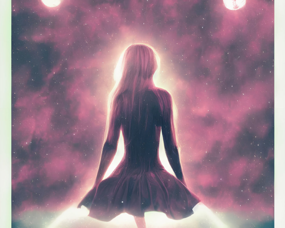 Silhouette of a woman in flowing dress under cosmic sky