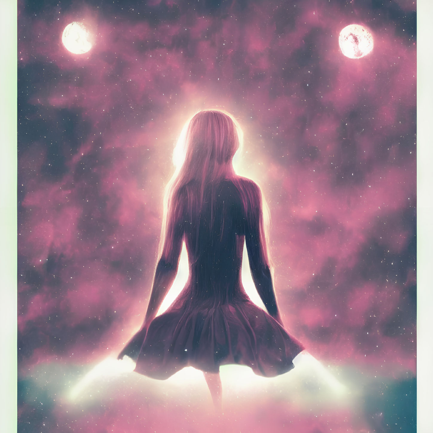 Silhouette of a woman in flowing dress under cosmic sky