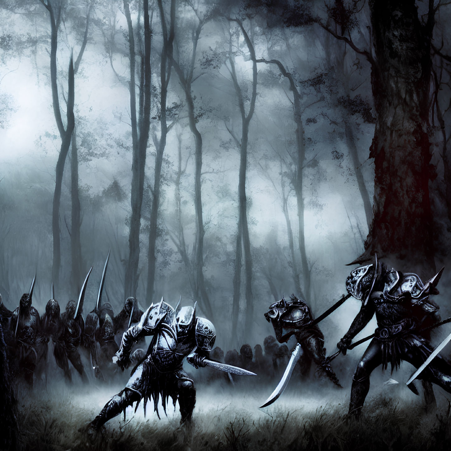 Armored warriors with swords in foggy forest.