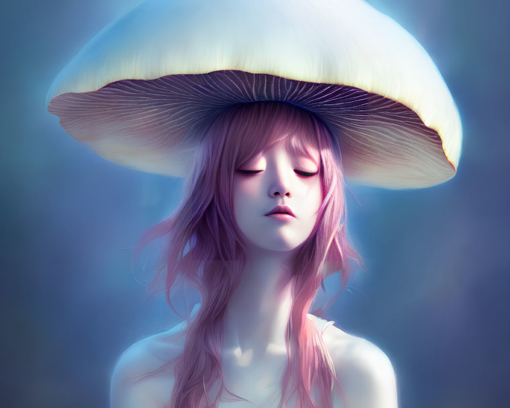 Illustration of woman with mushroom hat and pink hair on blue background