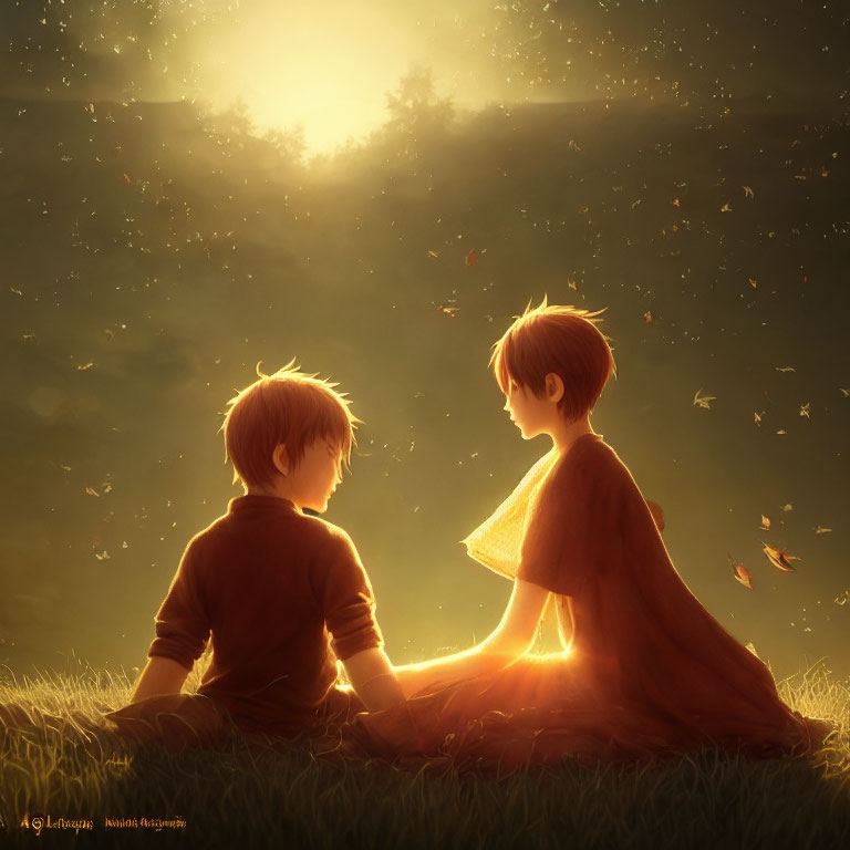 Children on Grassy Hill at Sunset Surrounded by Golden Leaves