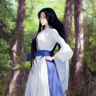 Long-haired animated female character in blue and white dress in serene forest