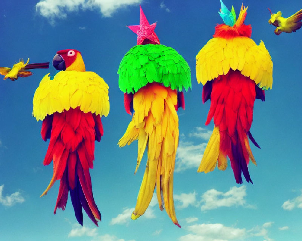 Colorful Parrot-Shaped Pinatas Against Blue Sky