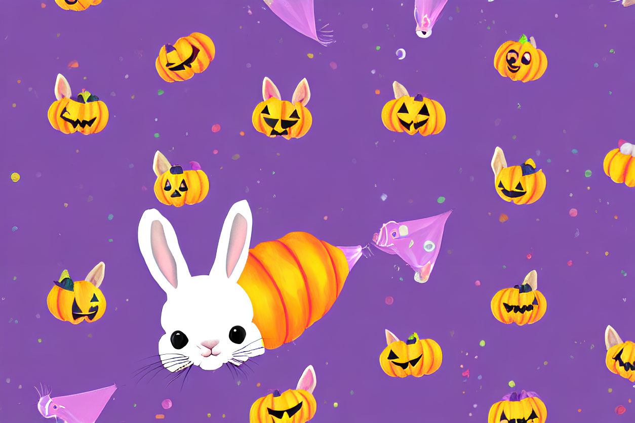 Whimsical Halloween-themed white rabbit in pumpkin costume on purple background