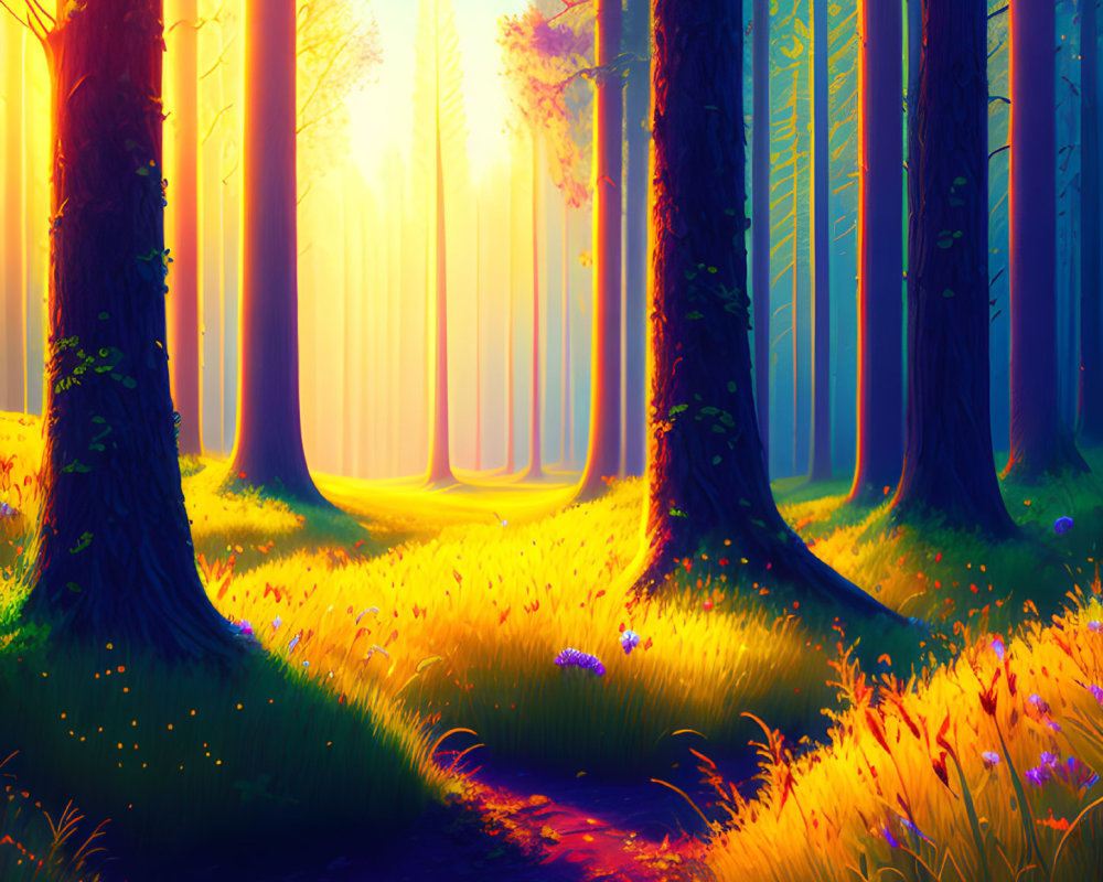 Lush Forest Landscape with Towering Trees and Sunlit Path