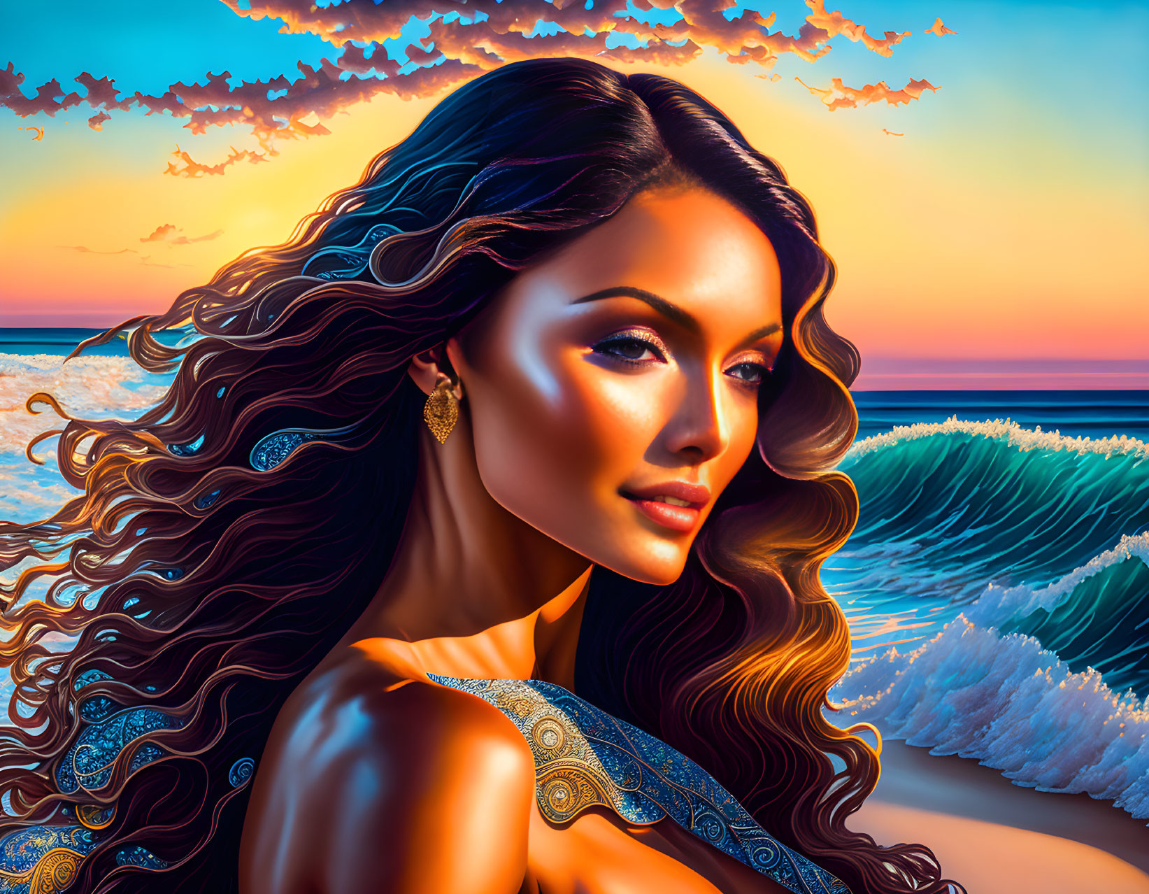 Digital artwork featuring woman with flowing hair and seashell dress against ocean sunset