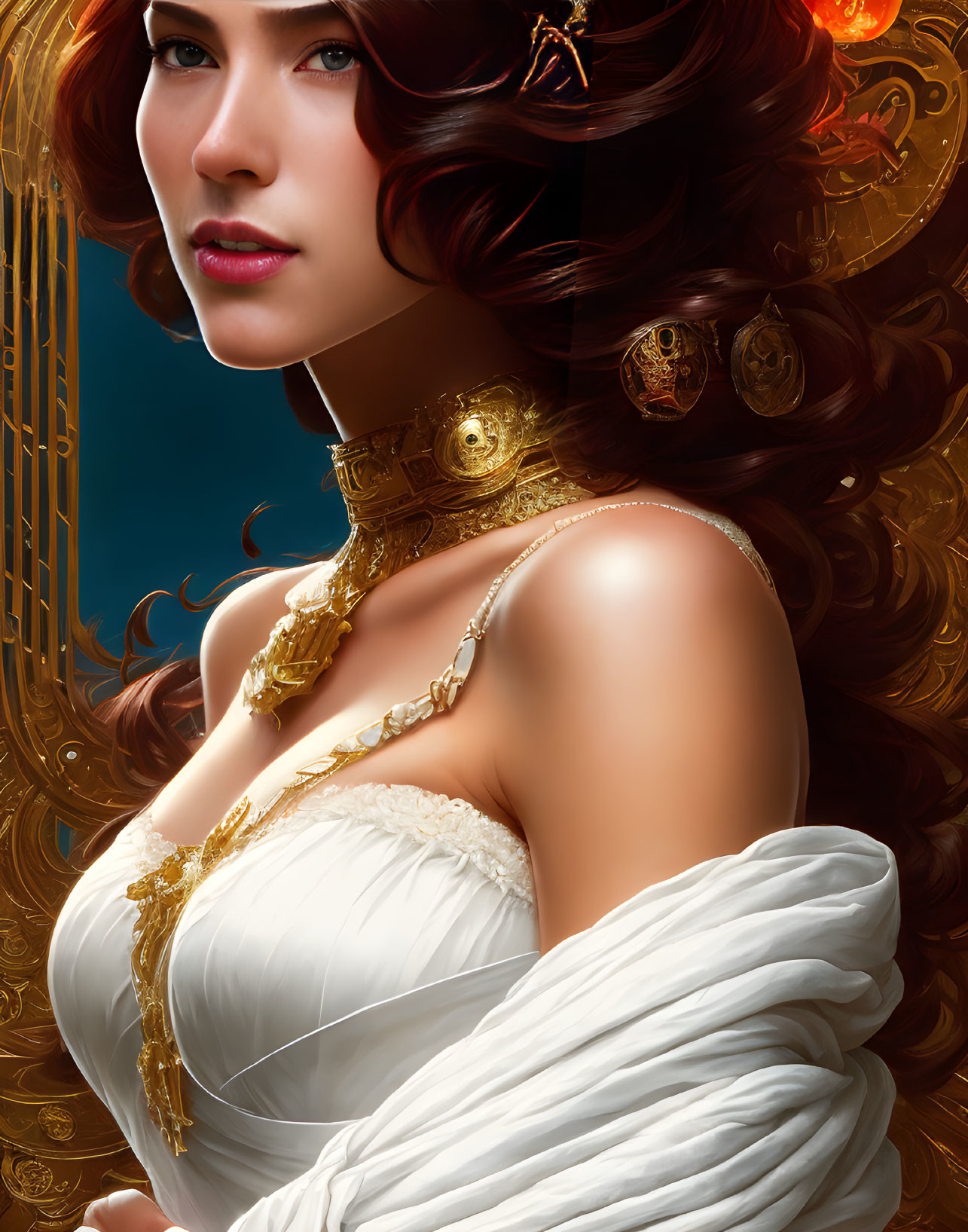 Digital Artwork: Woman with Flowing Brown Hair and Golden Adornments