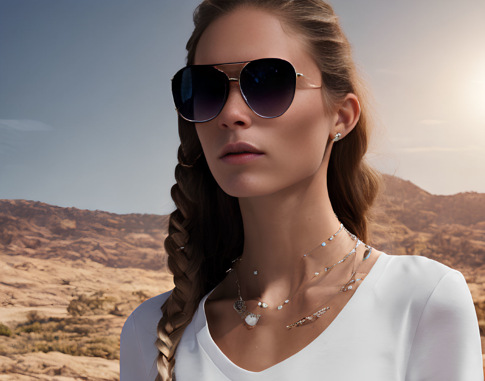 Woman with Braided Hair in Sunglasses and Jewelry in Desert Setting