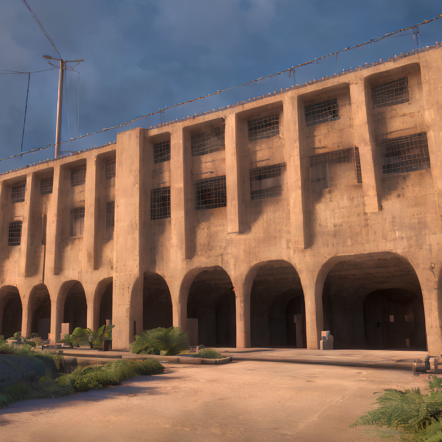 Aged building with arched passages and barred windows in warm light