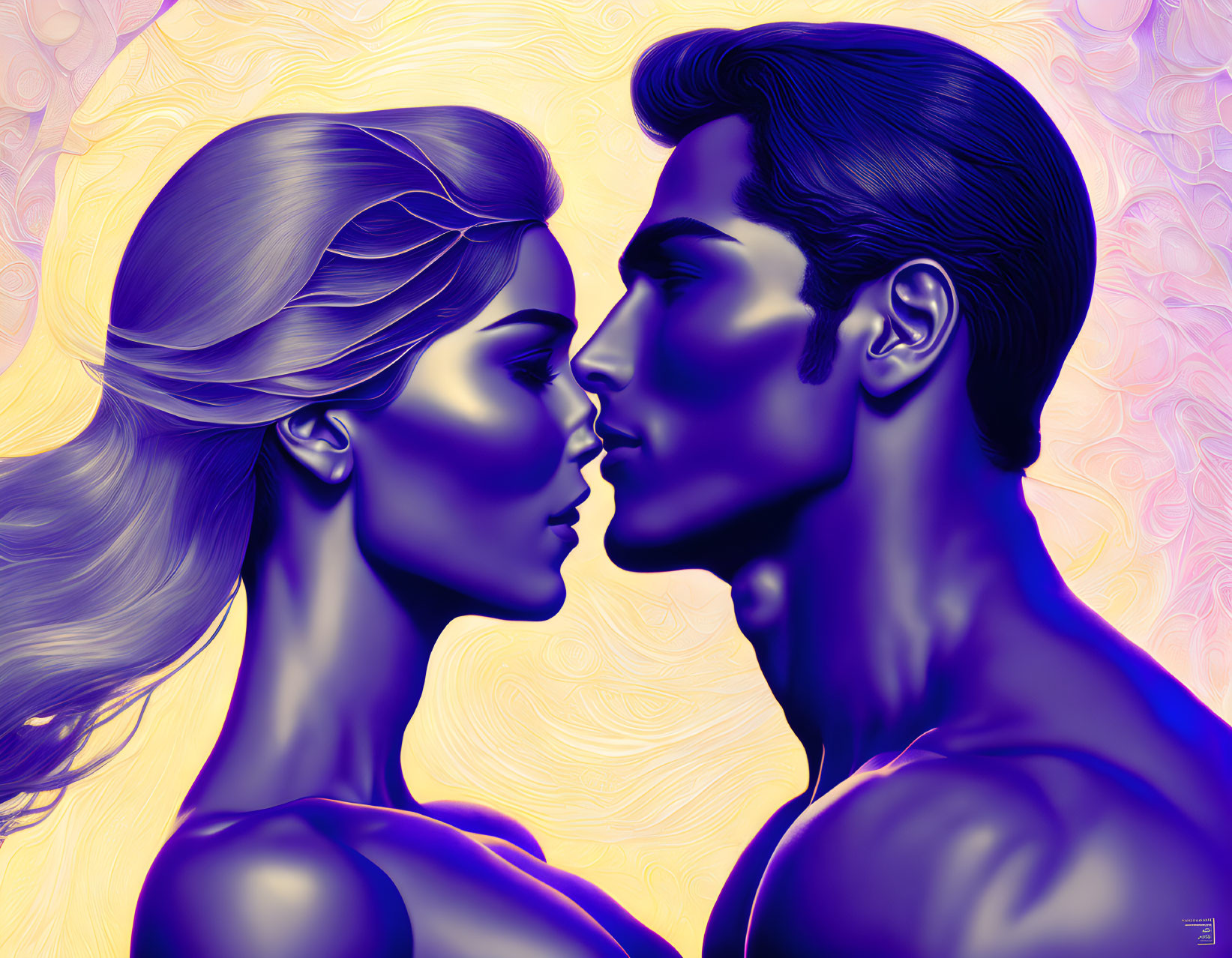 Stylized illustration of man and woman in profile with vibrant purple hues