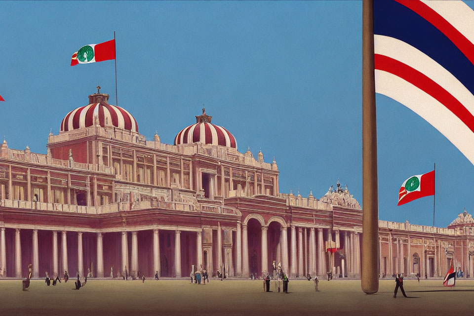 Historic building with red and white domes and flags, people walking under clear sky