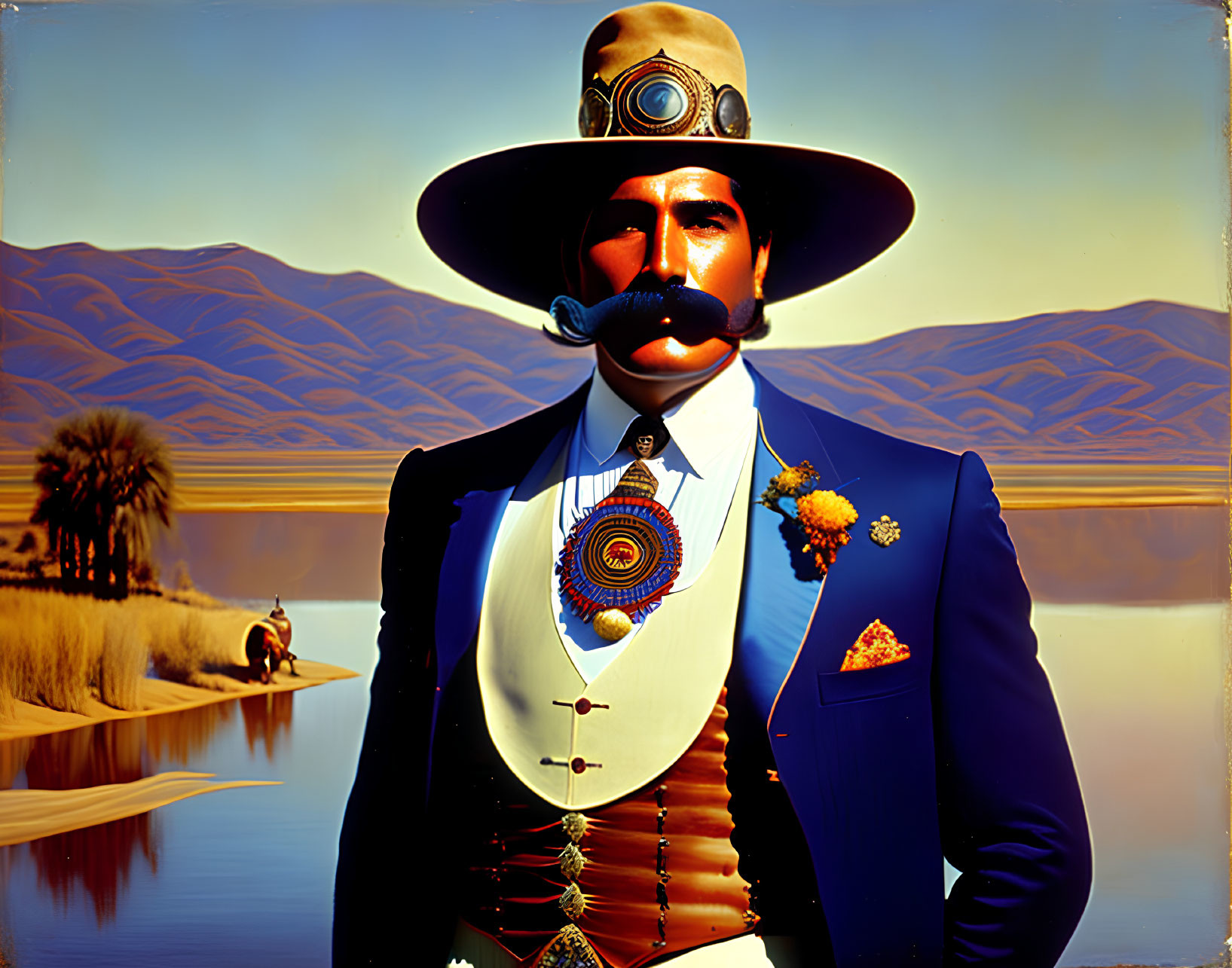 Surreal portrait of man with large mustache in ornate suit against stylized landscape