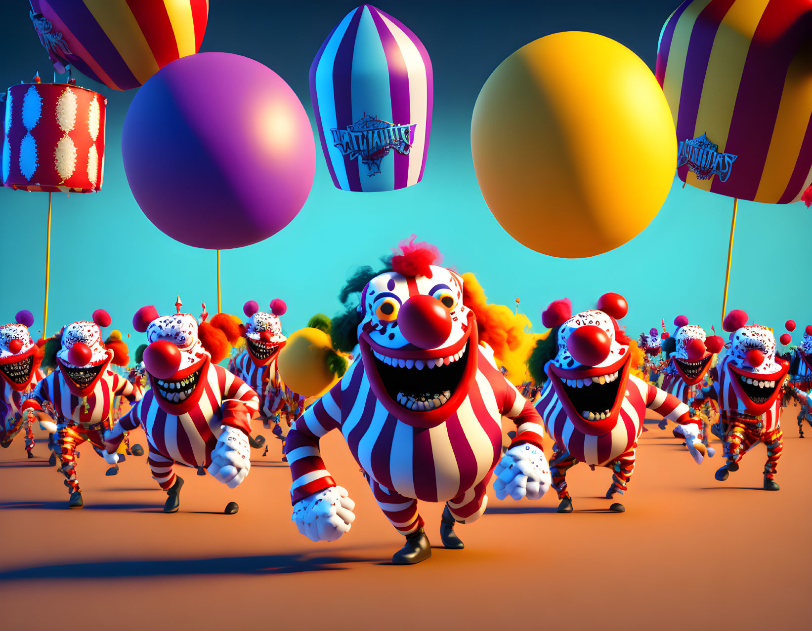 Colorful clowns with exaggerated smiles running towards floating balloons in a surreal scene