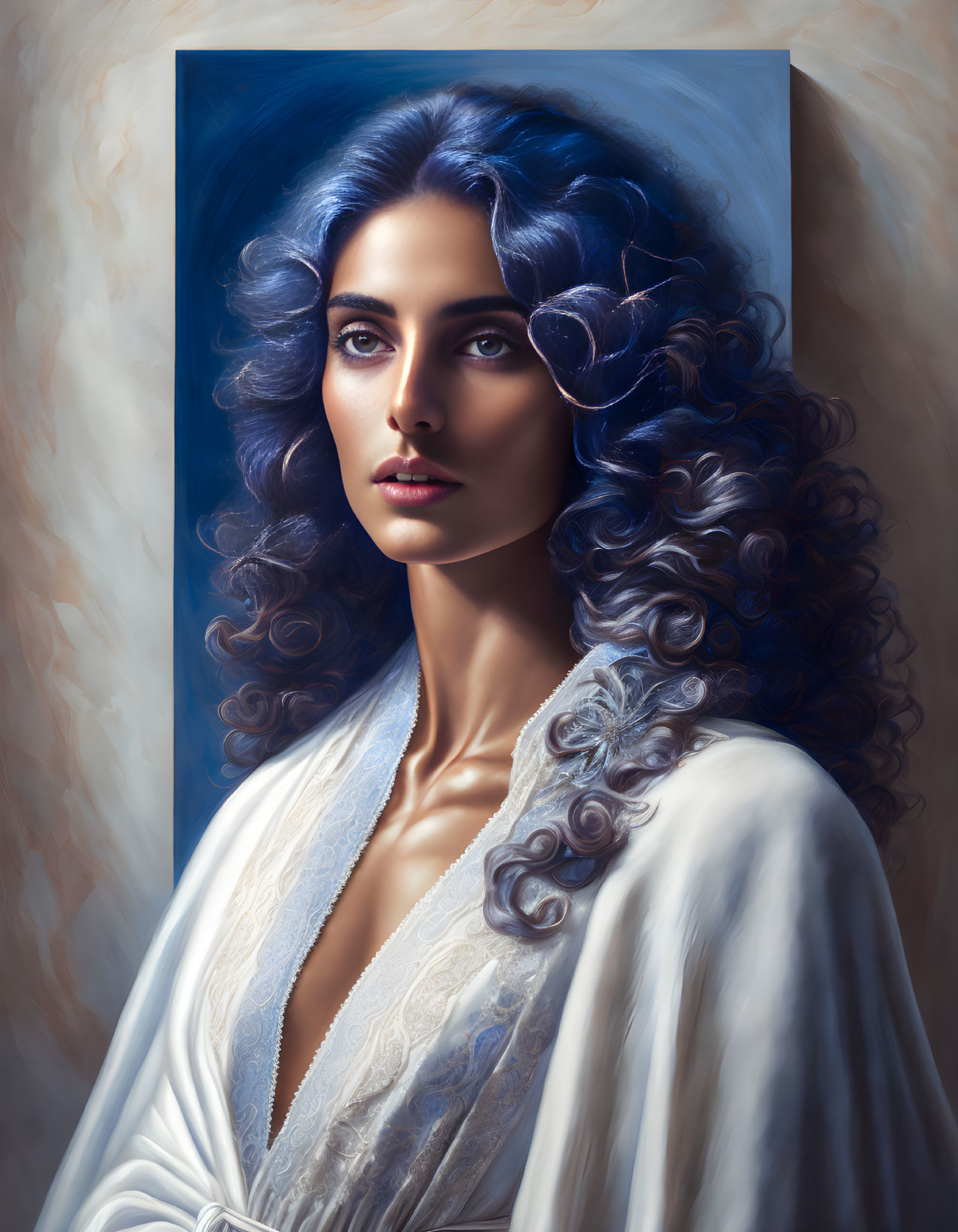 Illustration of woman with voluminous blue curly hair and rose, in white embroidered robe