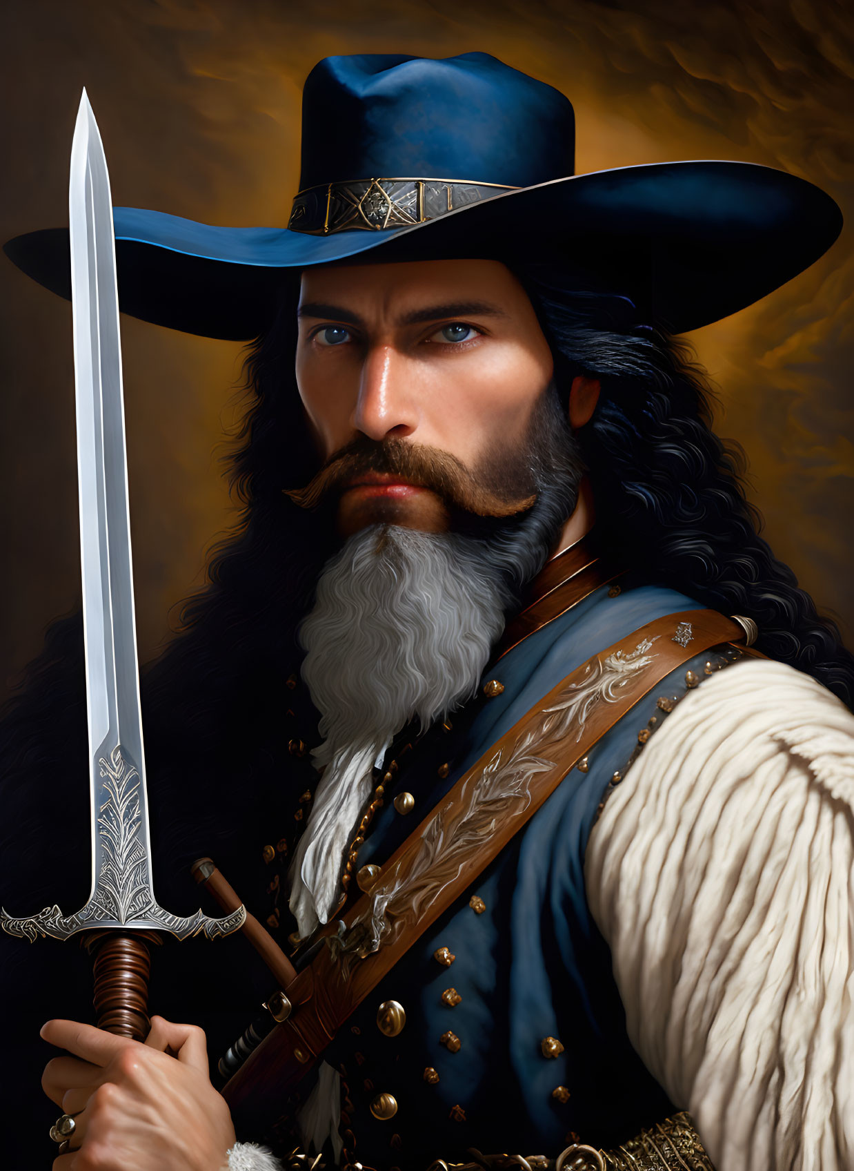 Detailed portrait of man with blue eyes, sword, and cavalier hat