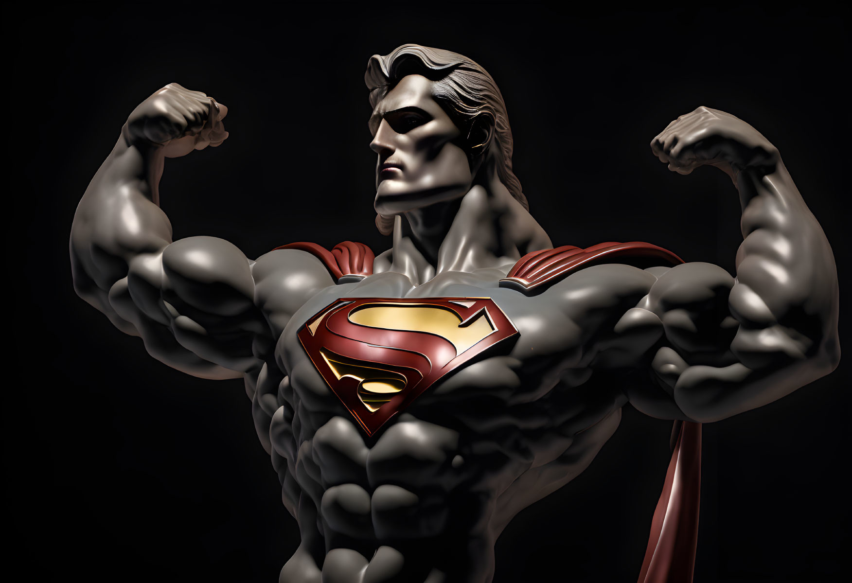 Muscular Superman flexing biceps in red cape against dark background