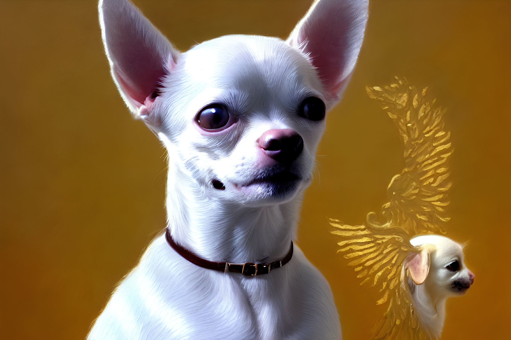 Two Chihuahuas: White with Brown Collar and Wing-like Design Background