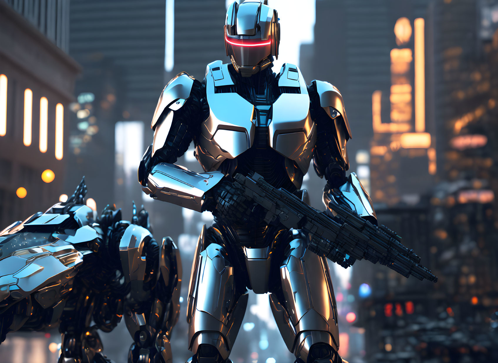 Armored robot with gun in neon-lit cityscape at dusk