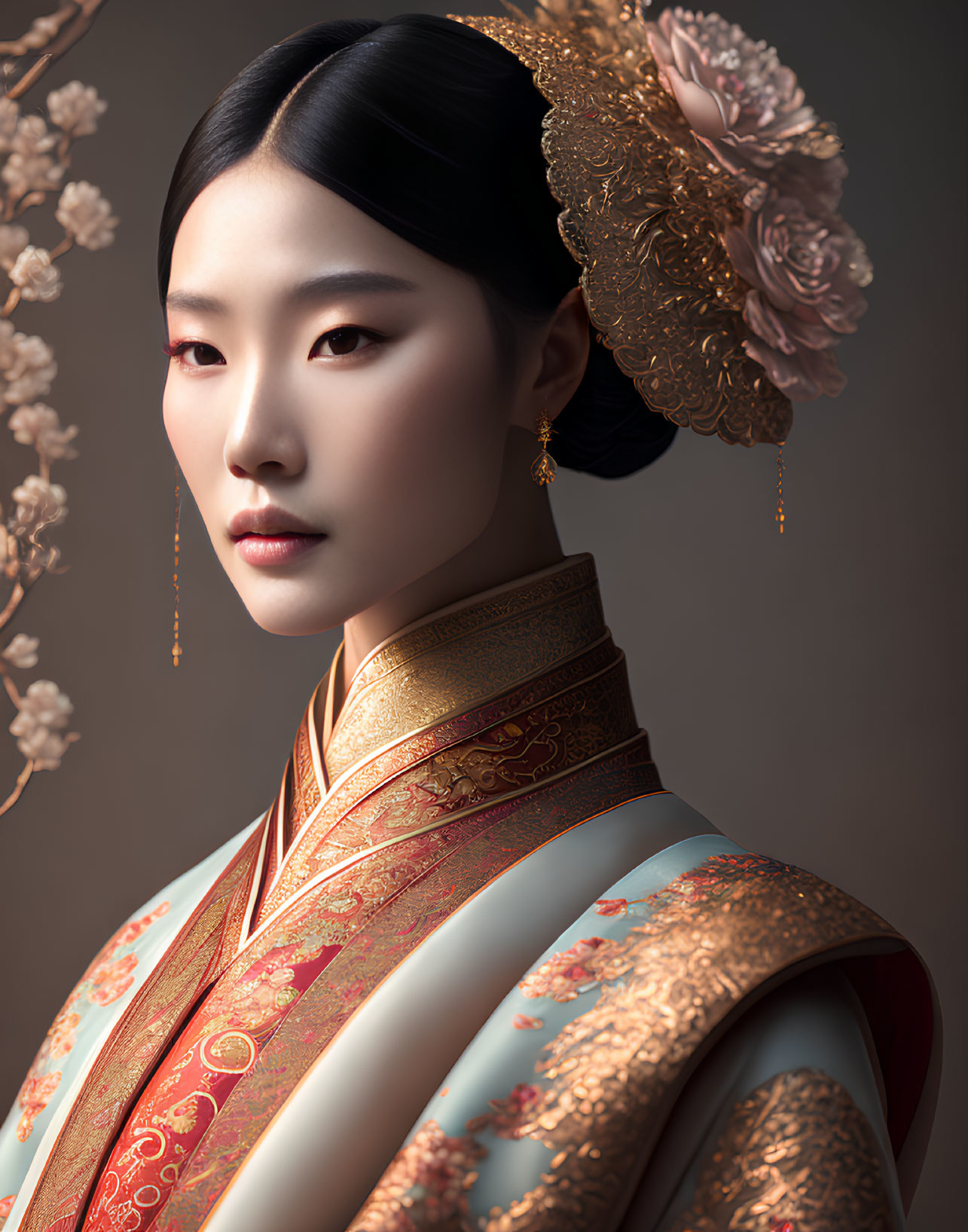 Traditional Asian Attire Portrait with Gold Designs