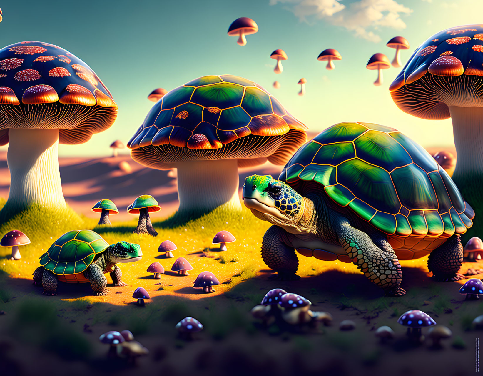 Colorful Turtle Art with Geometric Shell and Fantasy Mushrooms under Sunset Sky