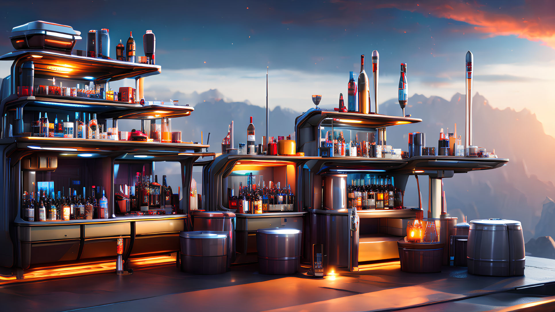 Neon-lit multi-level bar with high-tech equipment at dusk