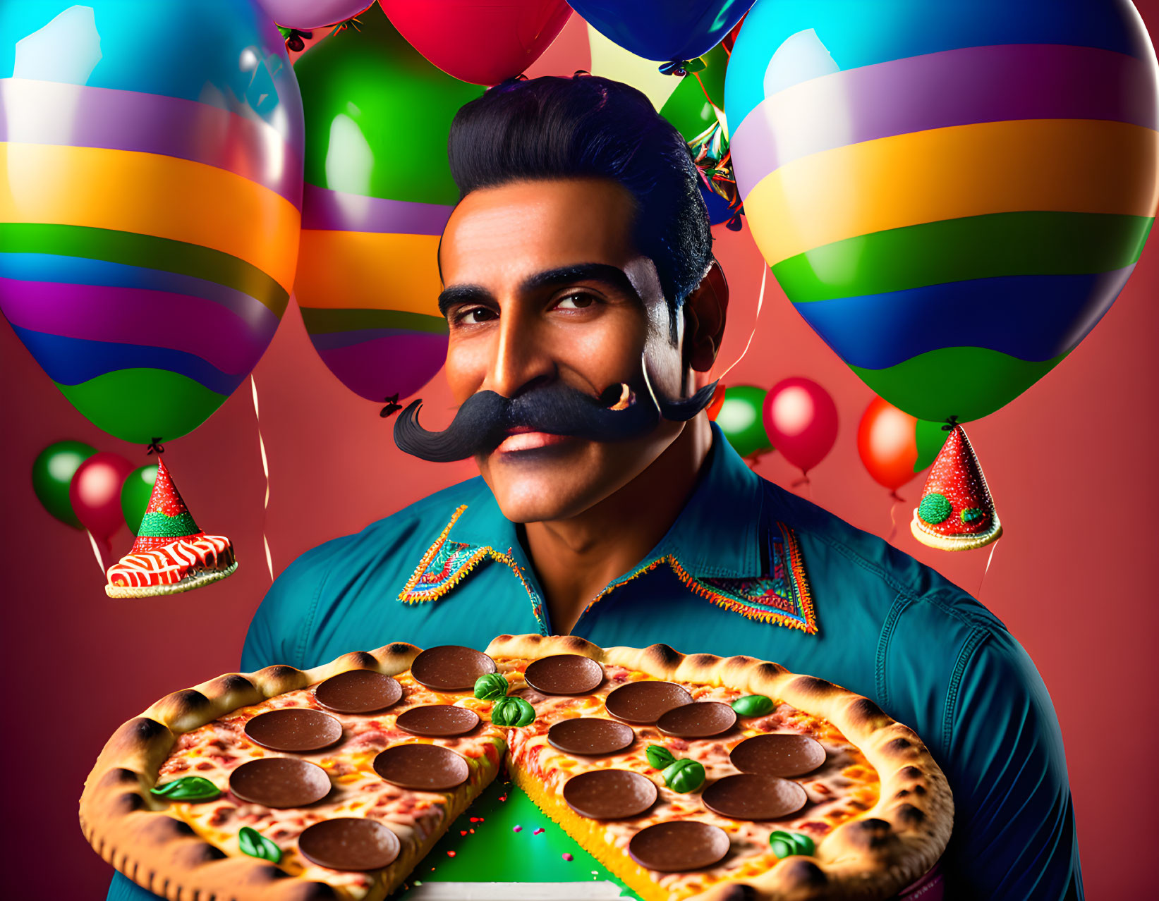 Smiling person with large mustache holding heart-shaped pizza in festive setting