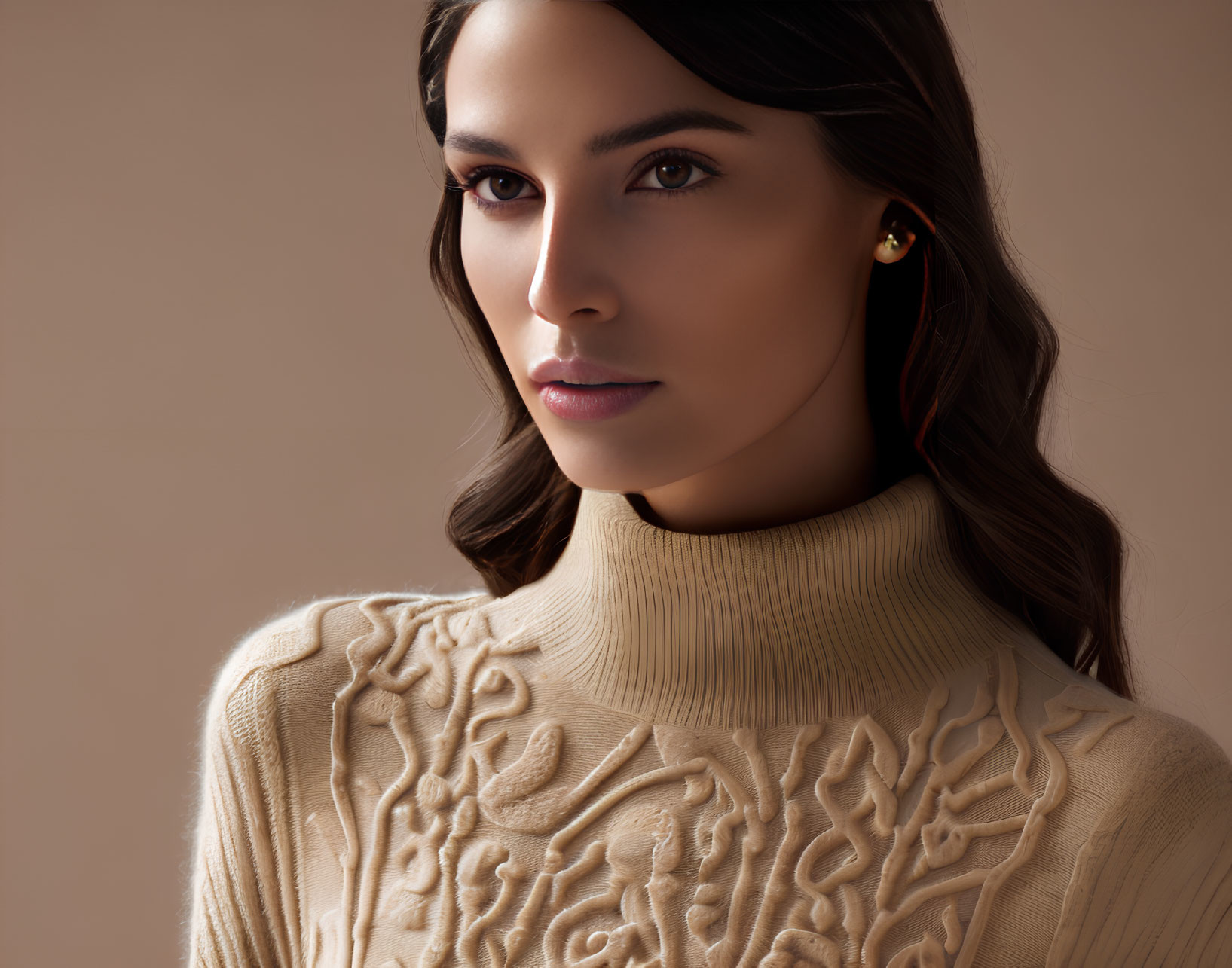 Dark-haired woman in turtleneck sweater with soft gaze and minimal makeup.