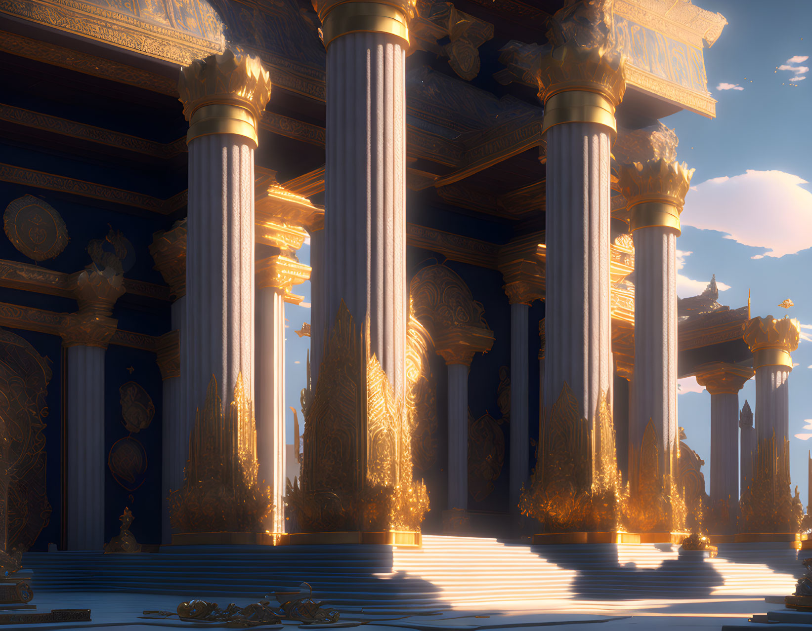 Ornate golden columns in grand hall at sunset