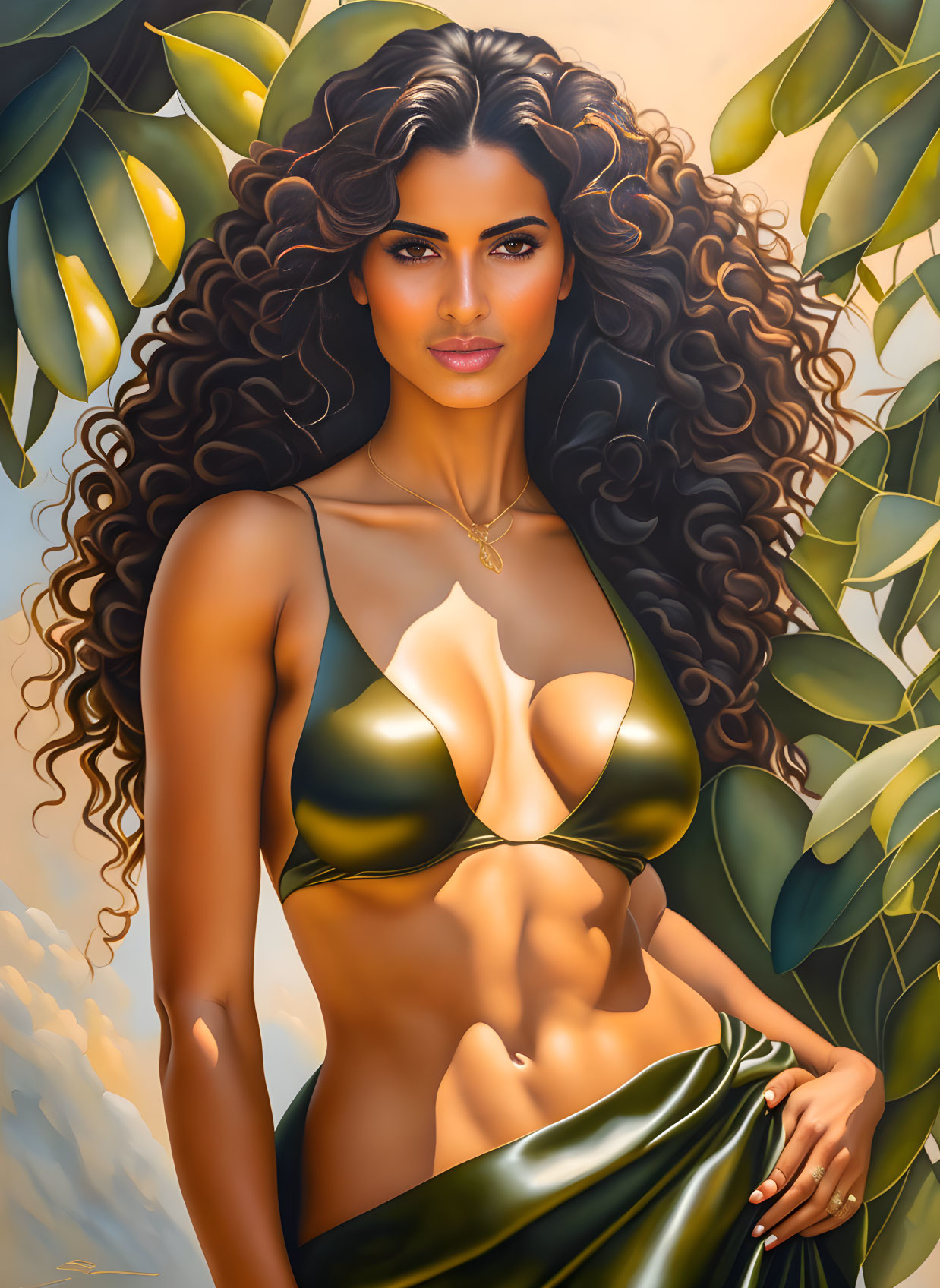 Voluminous Curly Hair Woman in Gold Bikini Top and Green Skirt Artwork