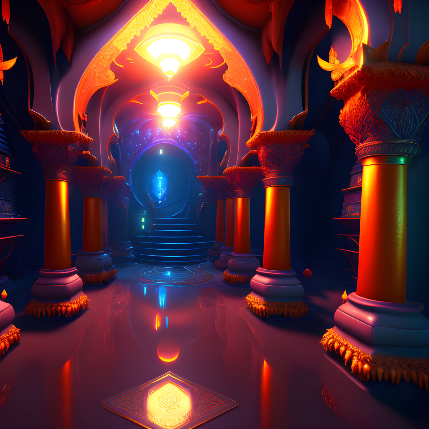 Mystical chamber with red-orange pillars and glowing orb