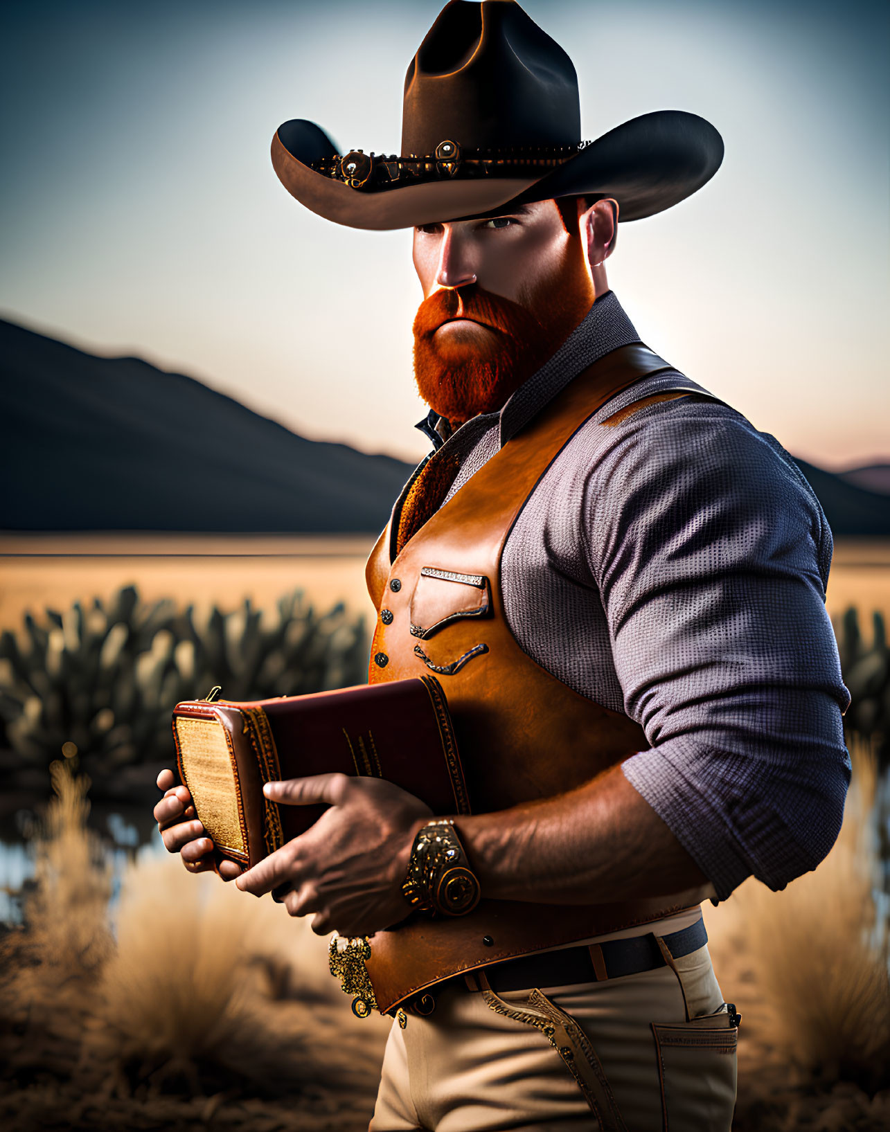 Bearded Cowboy Holding Book in Desert Landscape