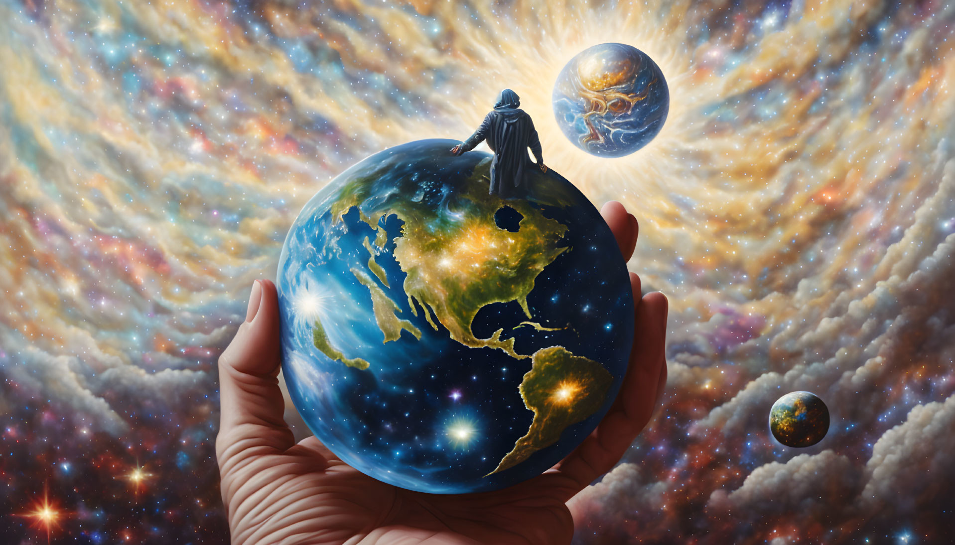 Person on Miniature Earth Held by Giant Hand Surrounded by Planets