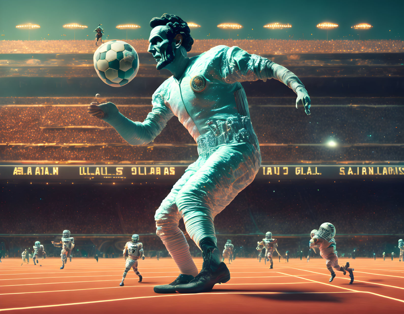 Futuristic holographic soccer match in vibrant stadium