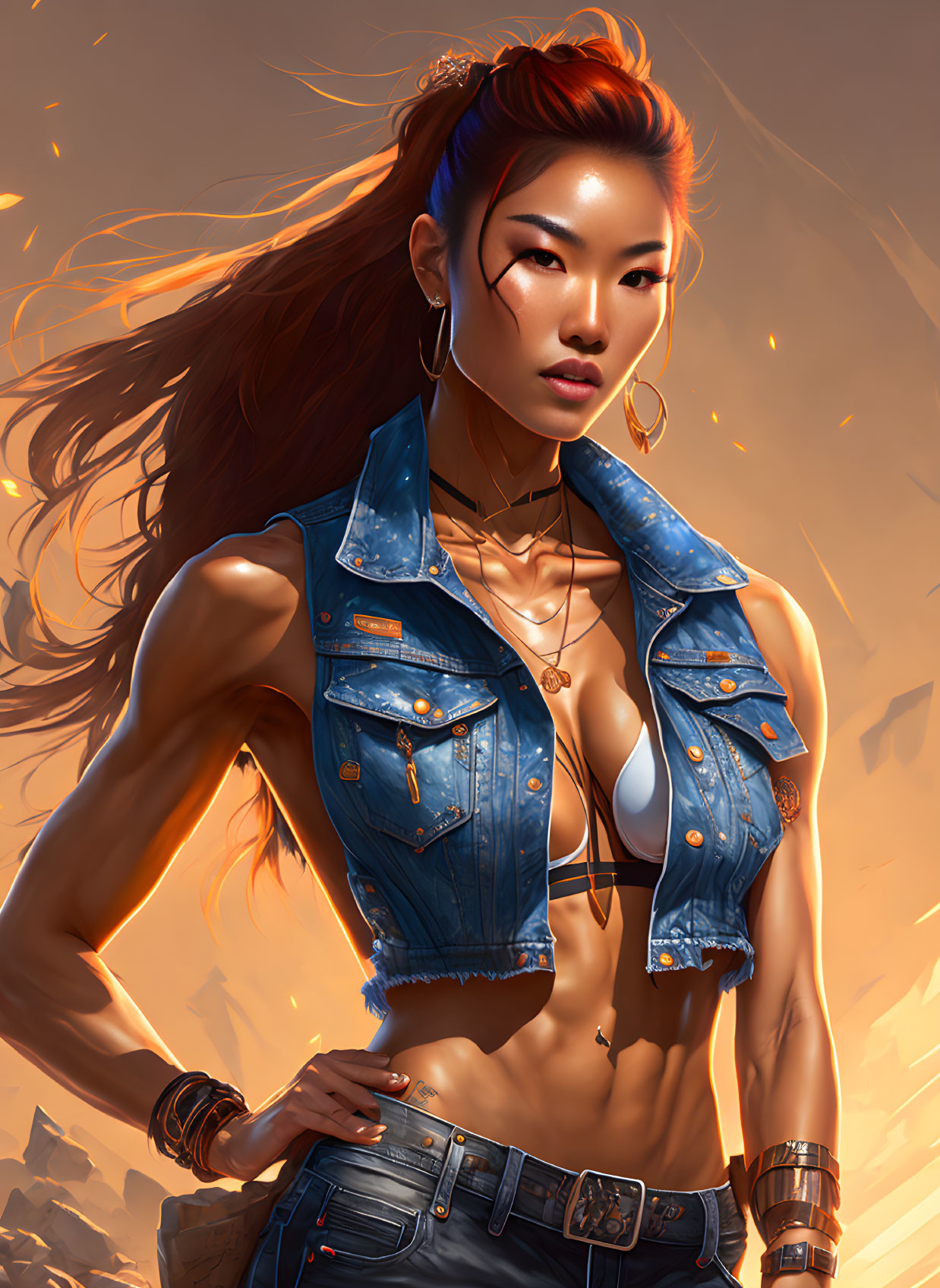 Digital artwork featuring strong woman in denim attire with red hair